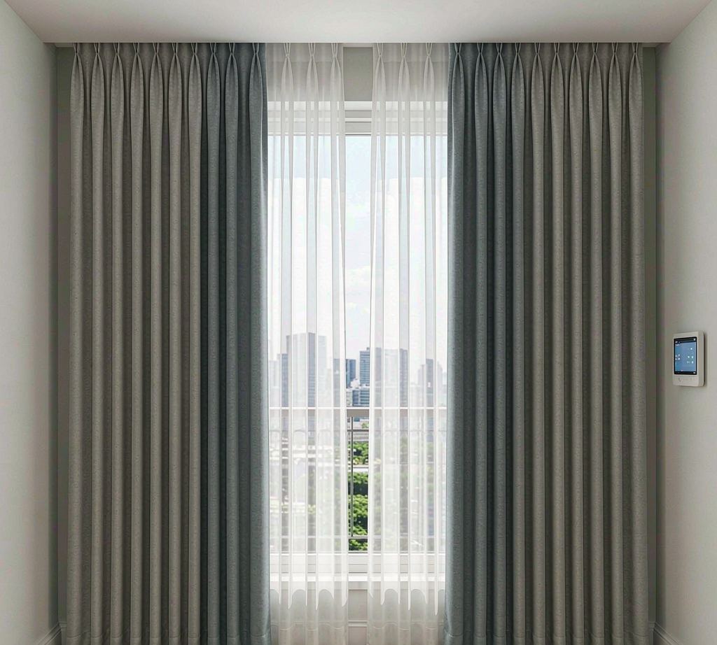 智能窗帘场景示意图：电动窗帘与床头场景面板
